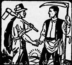 Dieses frühe Gewerkschaftslogo zeigt einen Forstarbeiter und einen Landarbeiter, die sich solidarisch die Hand reichen.